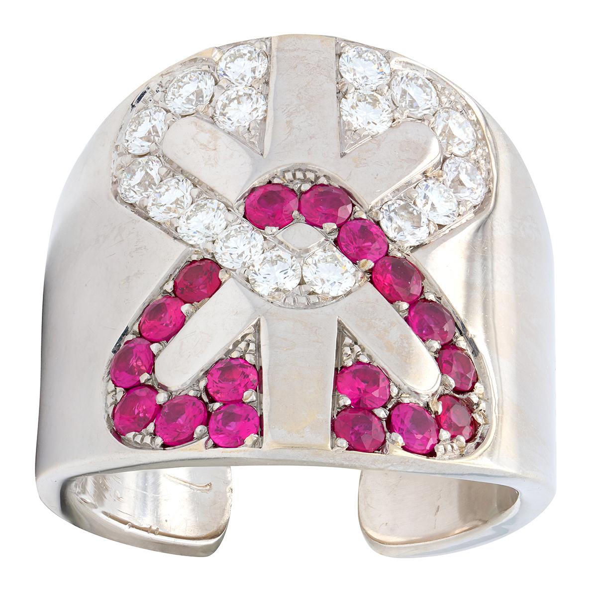 Engima By Gianni Bulgari 2000's Diamond Ruby 18 Karat White Gold Arrow Cuff Ring