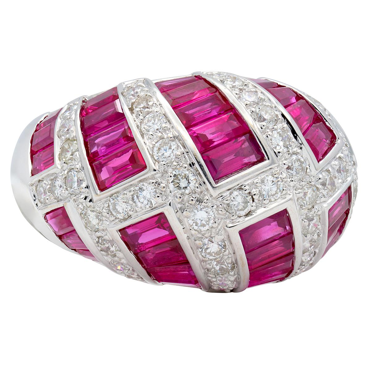 Contemporary 6.36 CTW Ruby Diamond 18 Karat White Gold Dome Weave Ring
