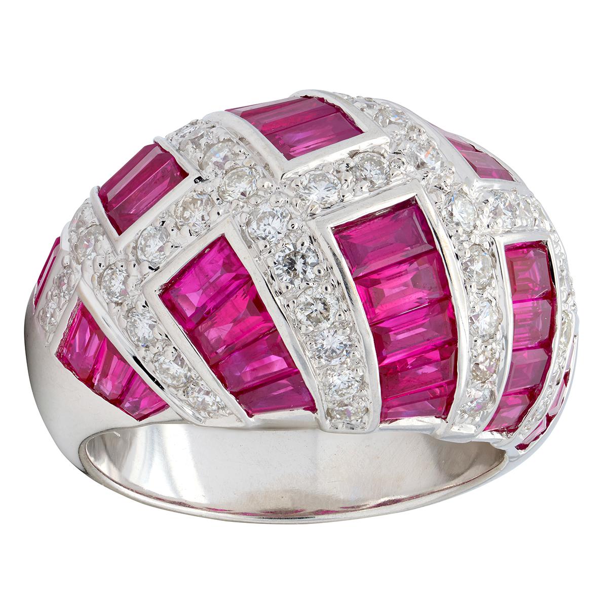 Contemporary 6.36 CTW Ruby Diamond 18 Karat White Gold Dome Weave Ring