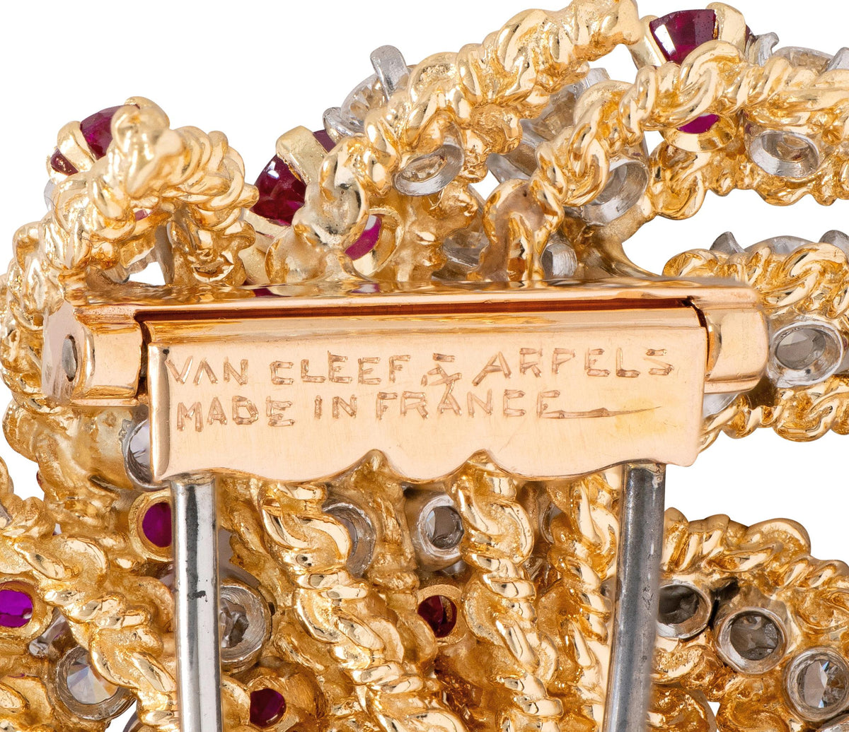Van Cleef & Arpels French 1960's Diamond Ruby 18K Platinum Vintage Flower Brooch
