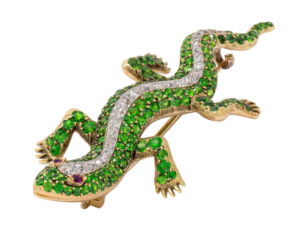 Edwardian Demantoid Diamond Ruby 18K Yellow Platinum Antique Salamander Brooch