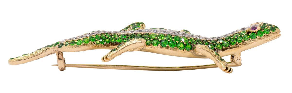 Edwardian Demantoid Diamond Ruby 18K Yellow Platinum Antique Salamander Brooch