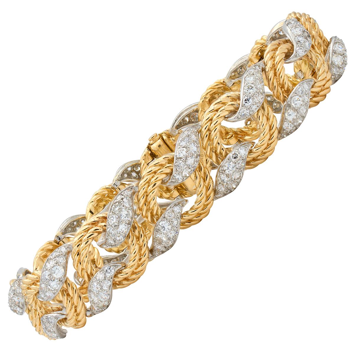 Mauboussin Paris 1950's Diamond 18K Gold Platinum Vintage Twist Link Bracelet
