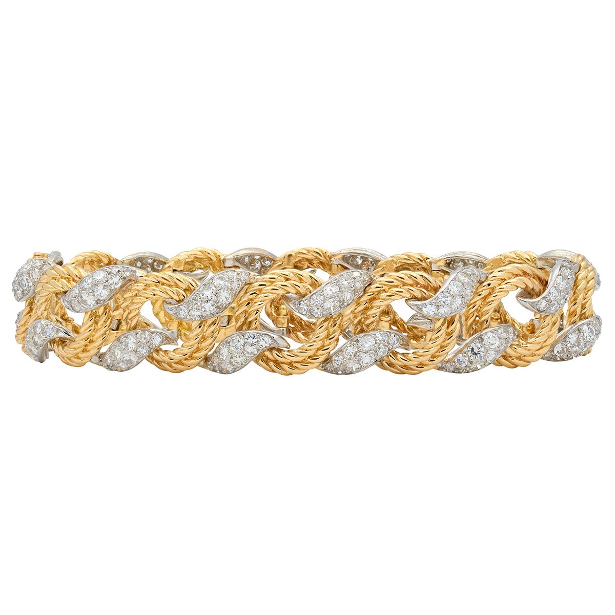 Mauboussin Paris 1950's Diamond 18K Gold Platinum Vintage Twist Link Bracelet