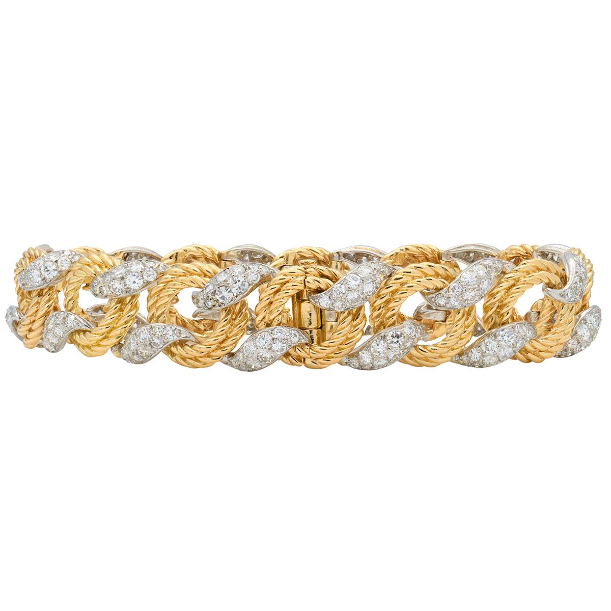 Mauboussin Paris 1950's Diamond 18K Gold Platinum Vintage Twist Link Bracelet