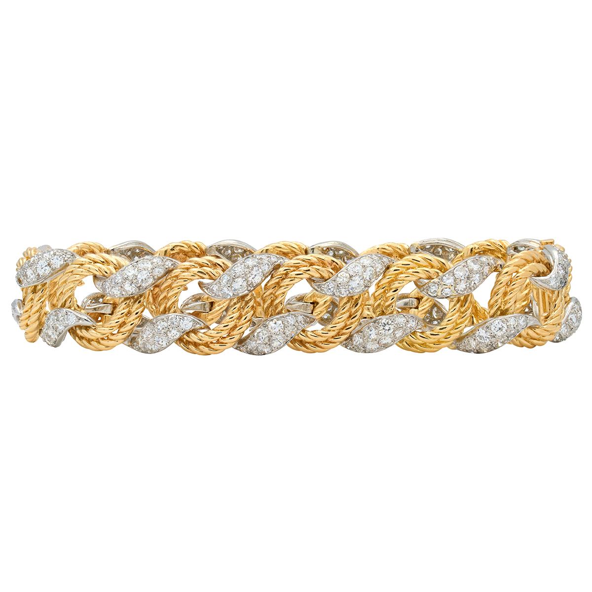 Mauboussin Paris 1950's Diamond 18K Gold Platinum Vintage Twist Link Bracelet