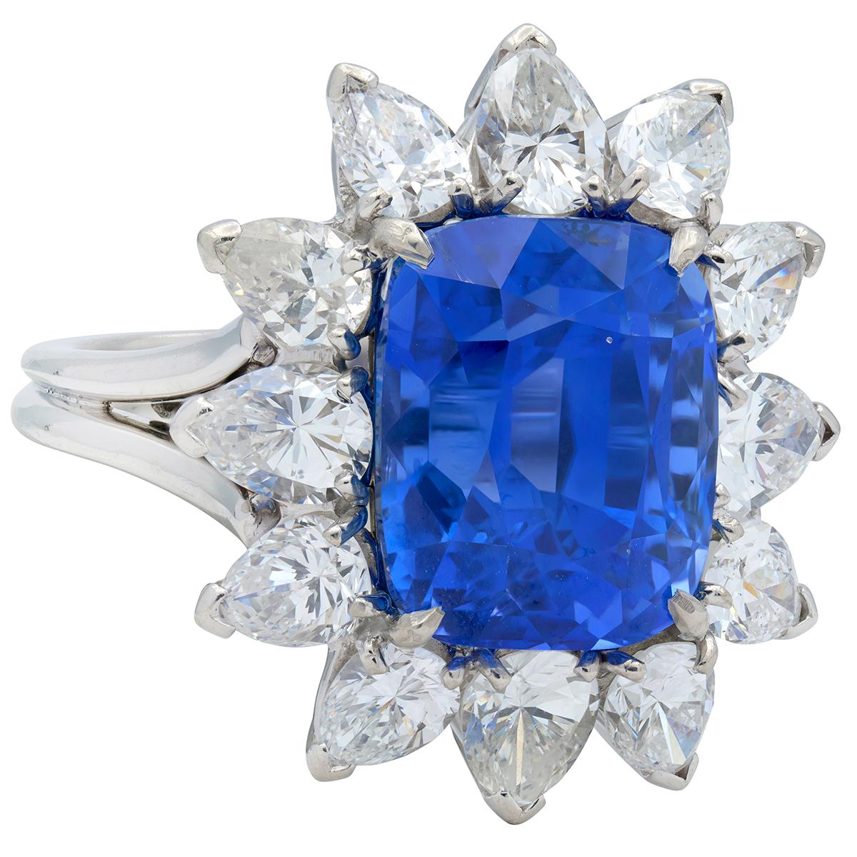 Vintage 12.80 CTW No Heat Ceylon Sapphire Diamond Platinum Halo Ring AGL