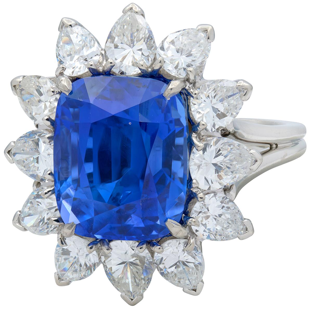 Vintage 12.80 CTW No Heat Ceylon Sapphire Diamond Platinum Halo Ring AGL