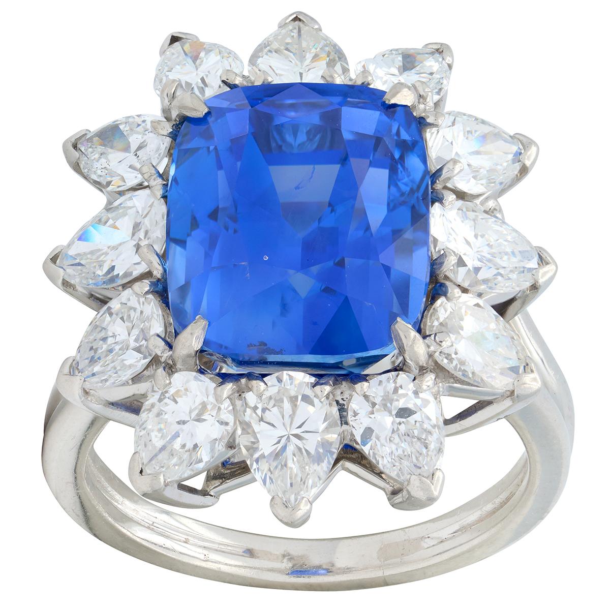 Vintage 12.80 CTW No Heat Ceylon Sapphire Diamond Platinum Halo Ring AGL