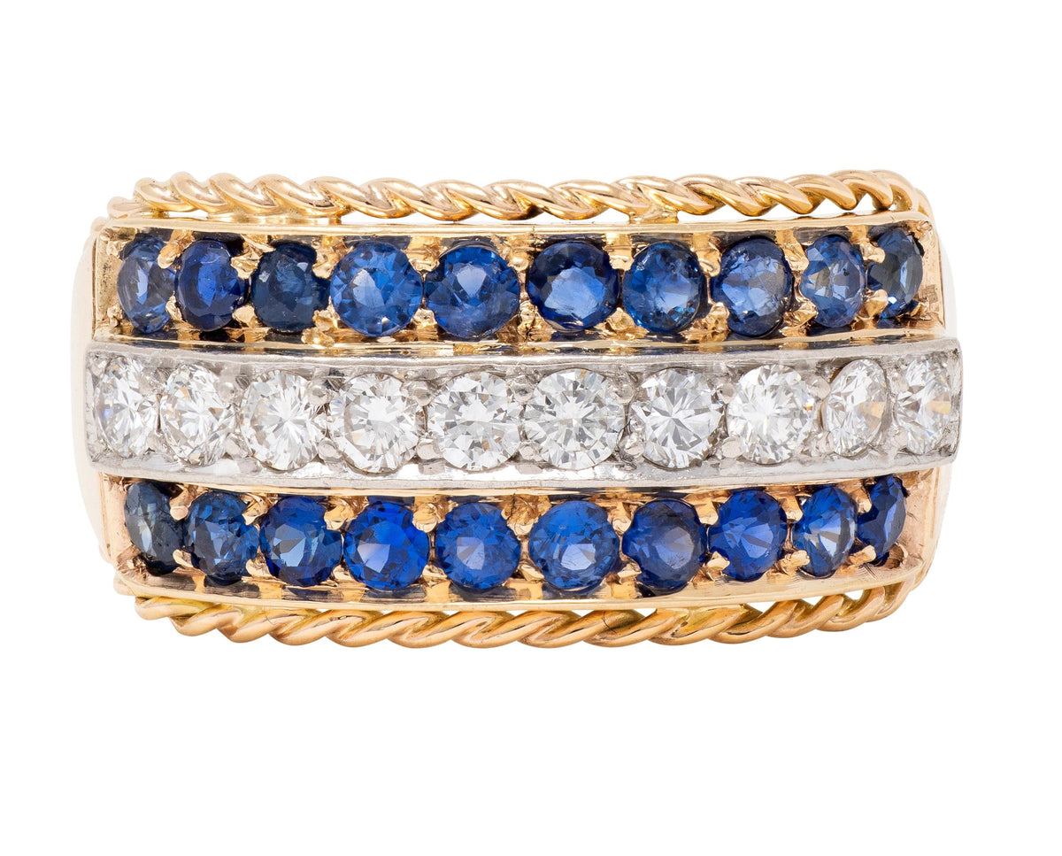 1960's Diamond Sapphire Platinum 14K Gold Vintage Twisted Rope Wide Band Ring