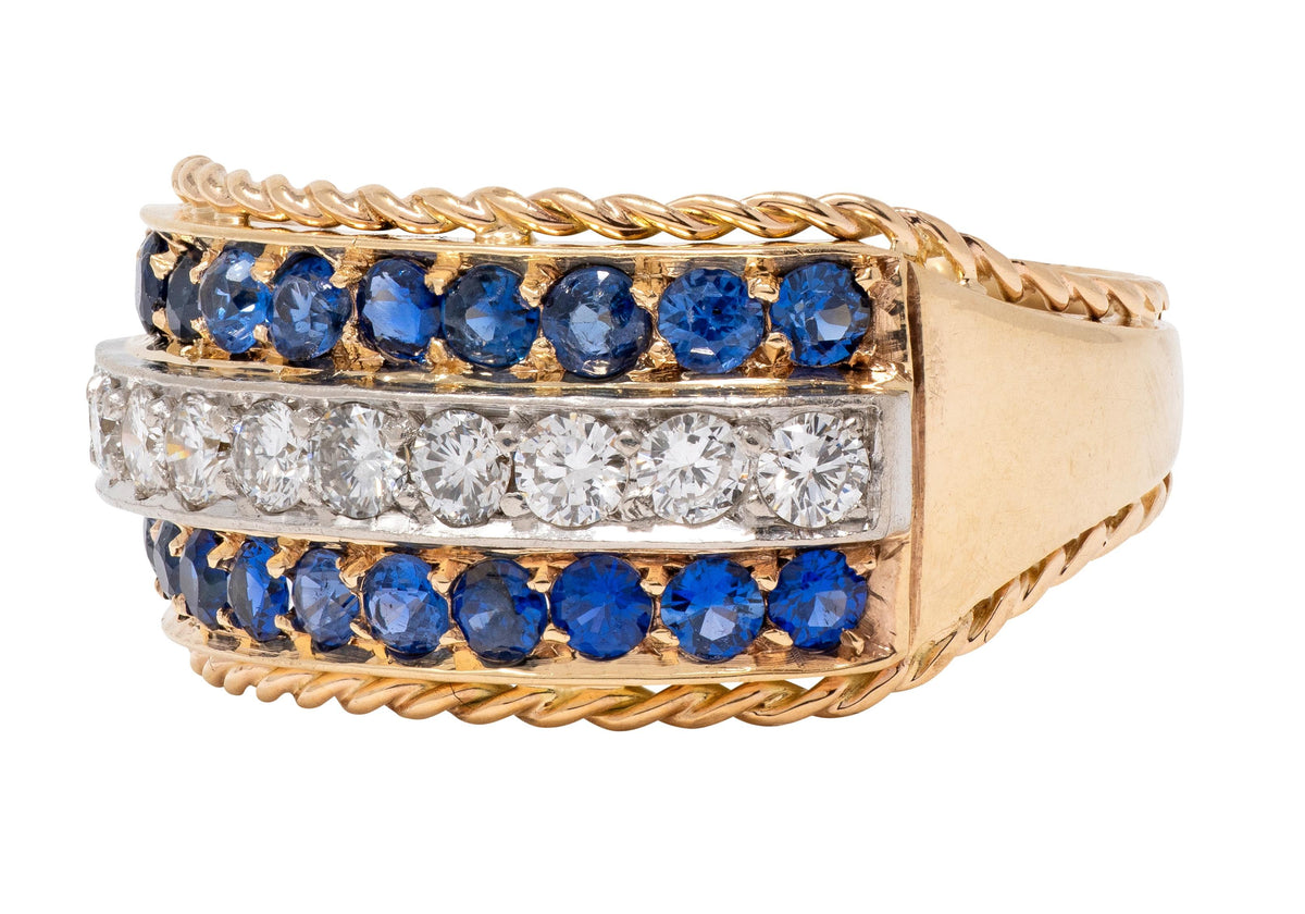 1960's Diamond Sapphire Platinum 14K Gold Vintage Twisted Rope Wide Band Ring