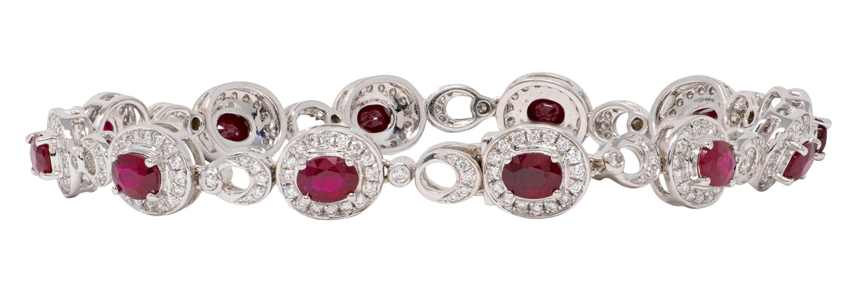 2010's 5.33 CTW Ruby Diamond 18 Karat White Gold Contemporary Halo Line Bracelet