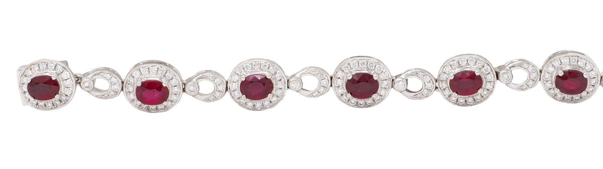 2010's 5.33 CTW Ruby Diamond 18 Karat White Gold Contemporary Halo Line Bracelet
