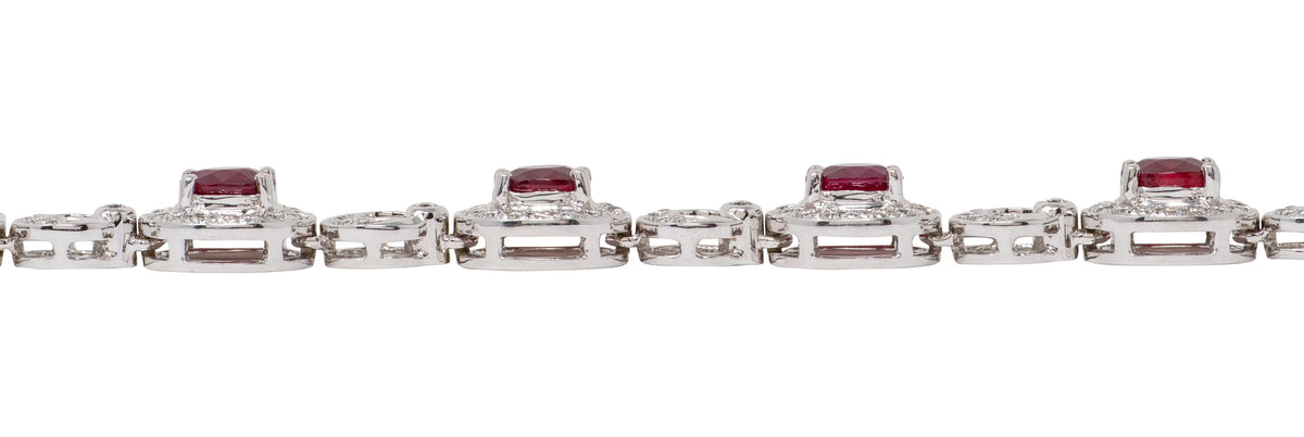2010's 5.33 CTW Ruby Diamond 18 Karat White Gold Contemporary Halo Line Bracelet