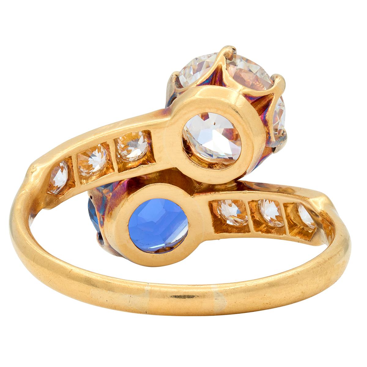 Tiffany & Co. No Heat Yogo Montana Sapphire Diamond 18K Antique Toi-Et-Moi Ring
