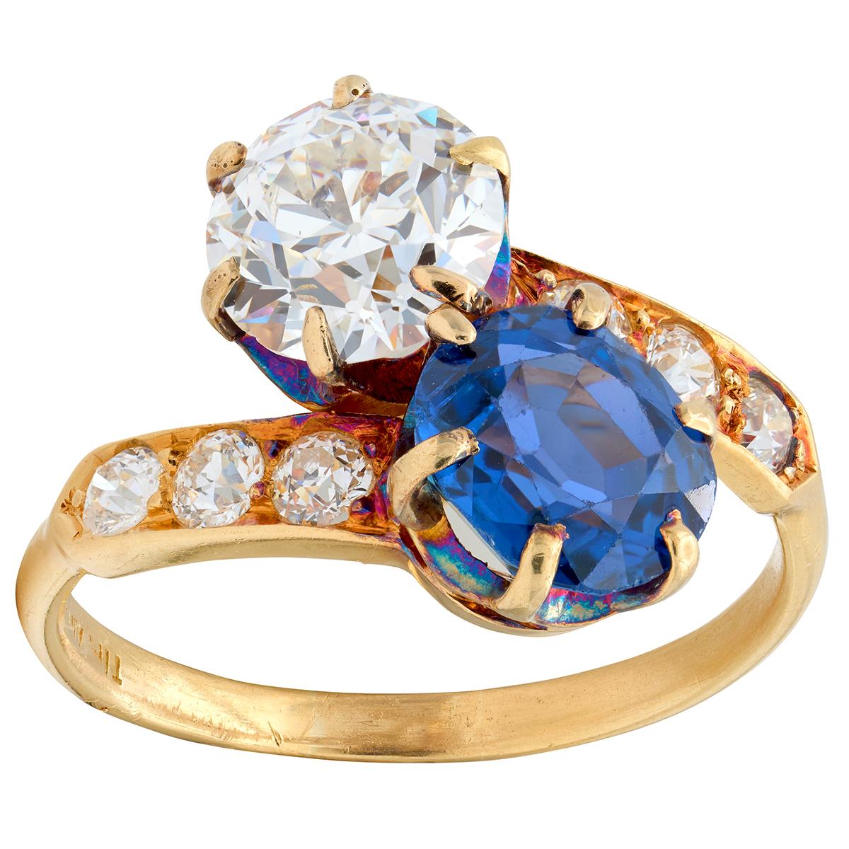 Tiffany & Co. No Heat Yogo Montana Sapphire Diamond 18K Antique Toi-Et-Moi Ring