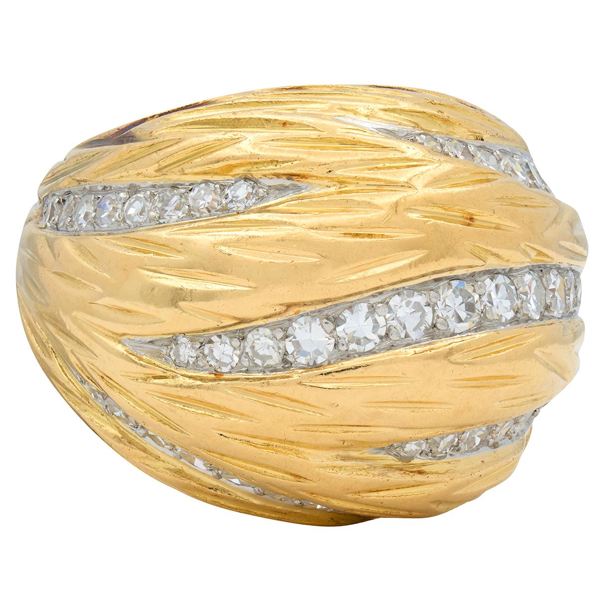 Mauboussin Paris 1960's Diamond 18 Karat Yellow Gold Platinum Vintage Dome Ring