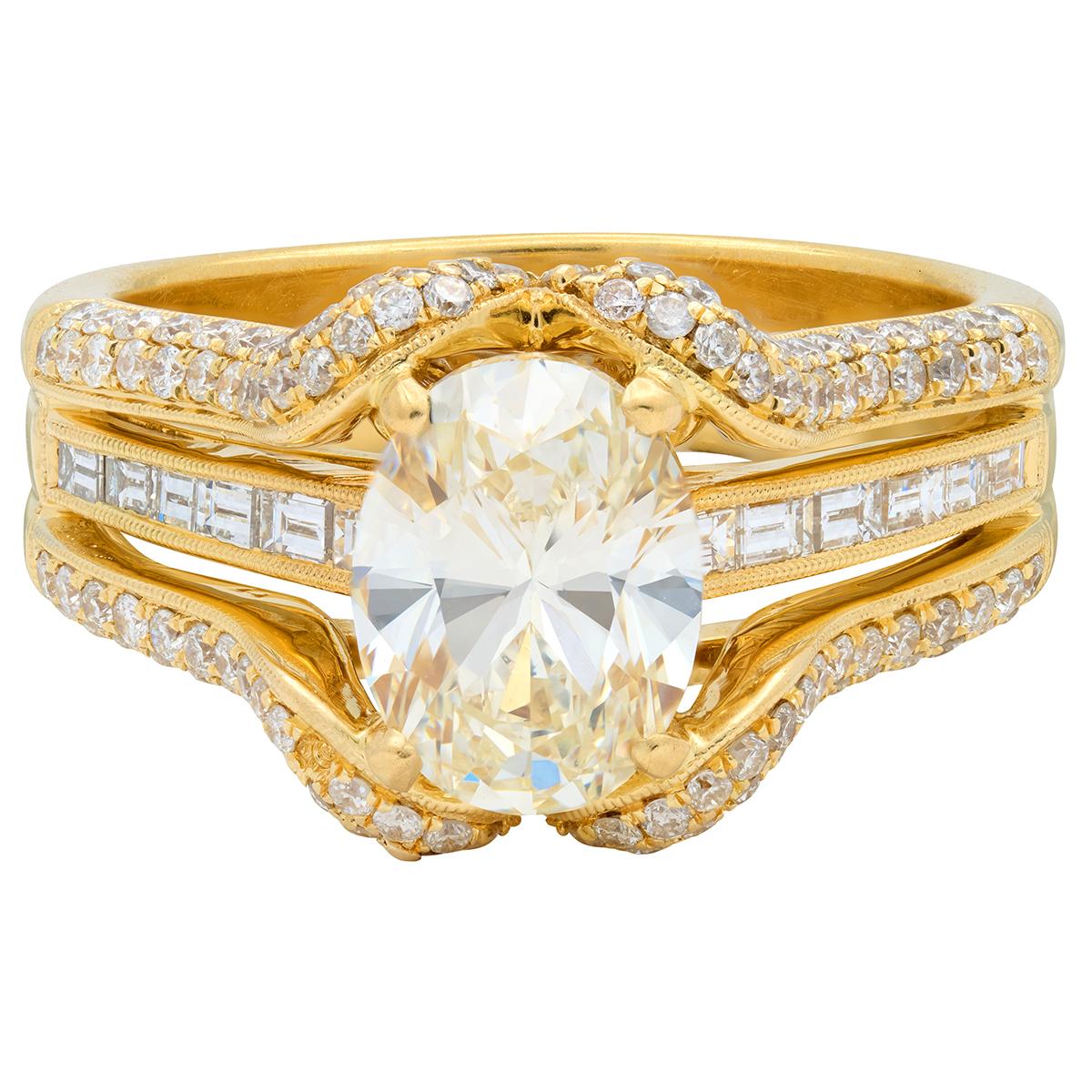Contemporary 2.73 CTW Oval Cut Diamond 18K Yellow Gold Charm Engagement Ring GIA