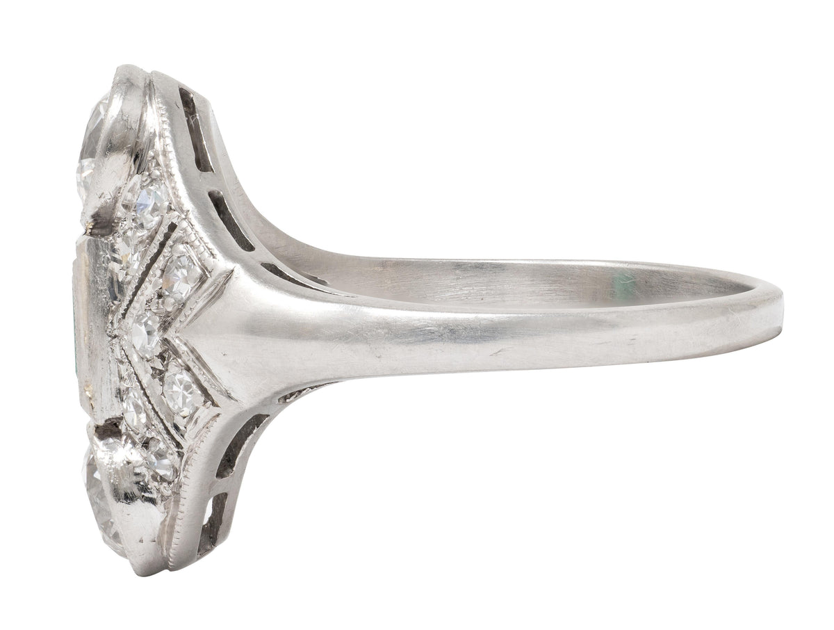 Art Deco 1.75 CTW Emerald Diamond Platinum Vintage Navette Dinner Ring