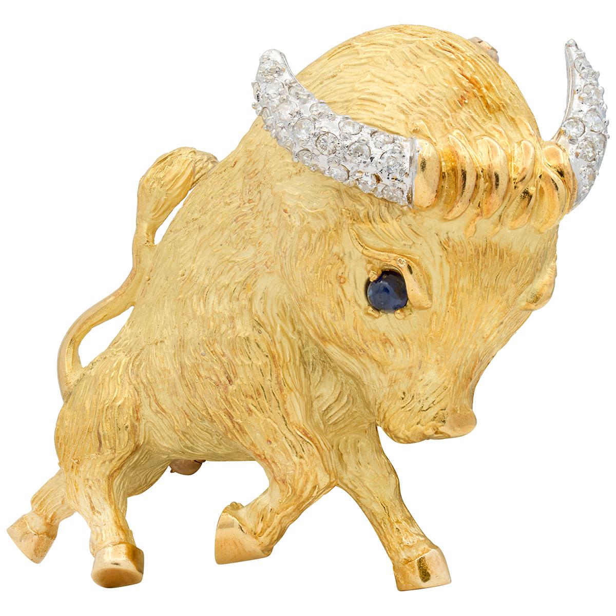 1960's Diamond Sapphire 18K Gold Vintage Whimsical Taurus Zodiac Bull Brooch