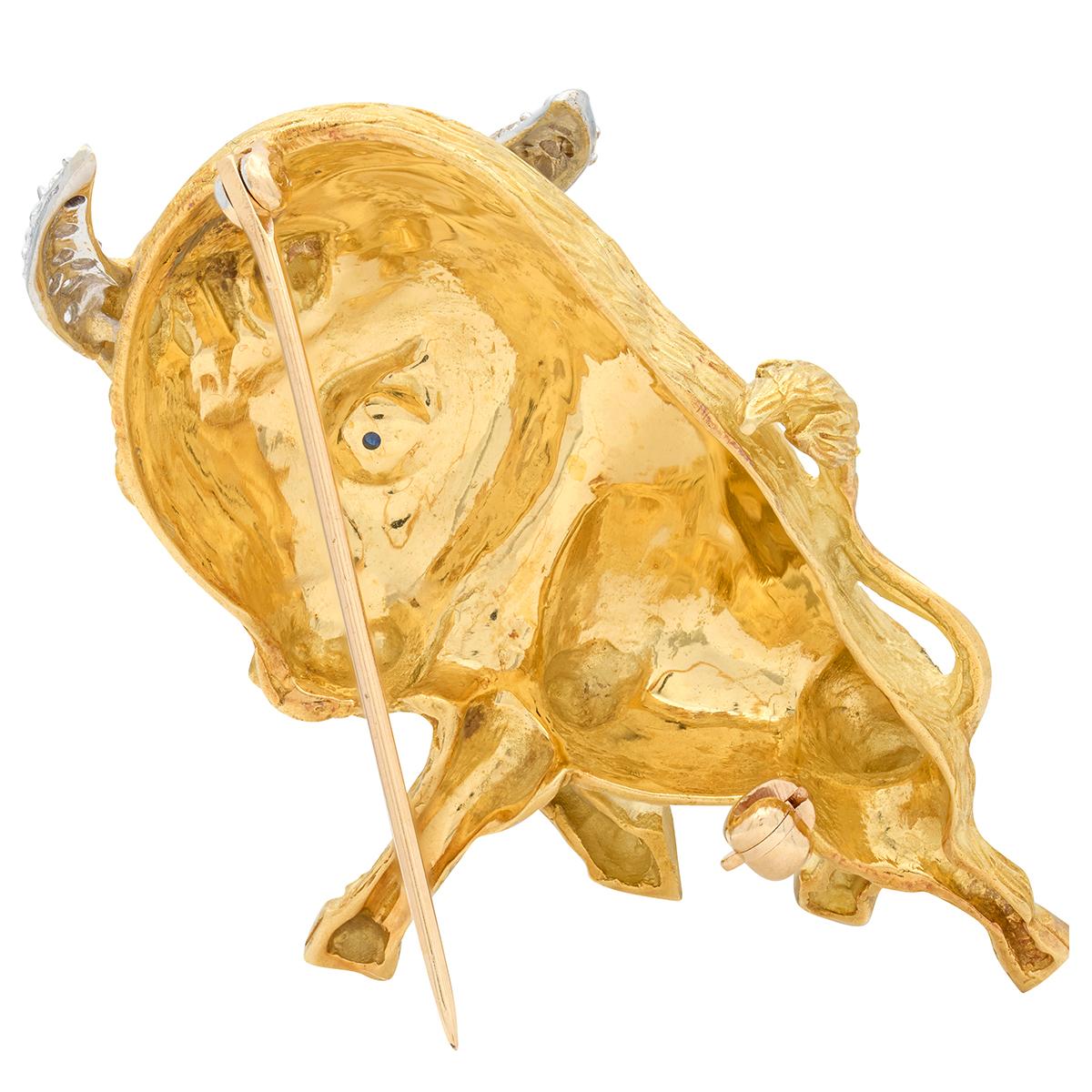 1960's Diamond Sapphire 18K Gold Vintage Whimsical Taurus Zodiac Bull Brooch