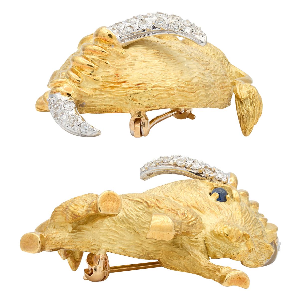 1960's Diamond Sapphire 18K Gold Vintage Whimsical Taurus Zodiac Bull Brooch