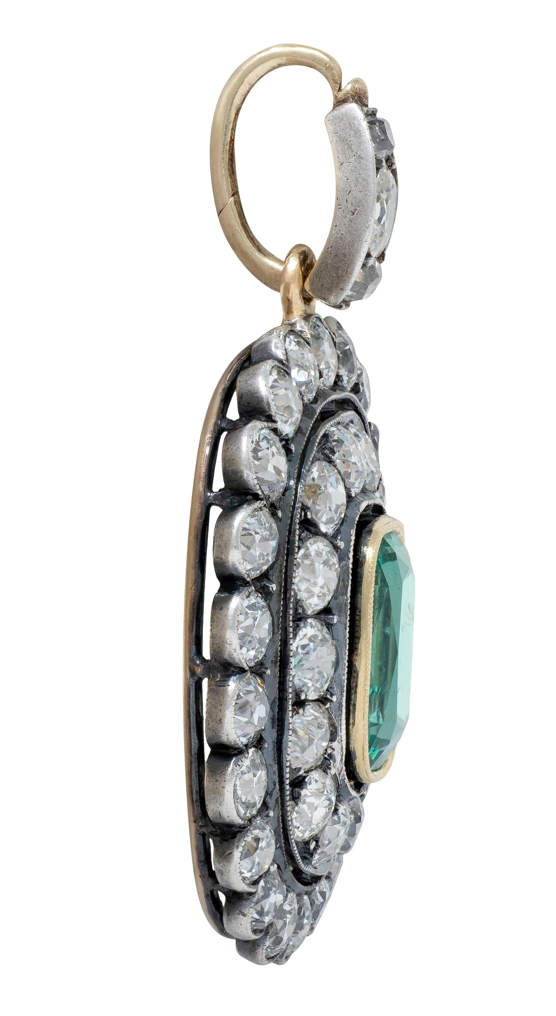 Victorian 8.72 CTW Emerald Diamond Silver 14K Yellow Gold Antique Halo Pendant