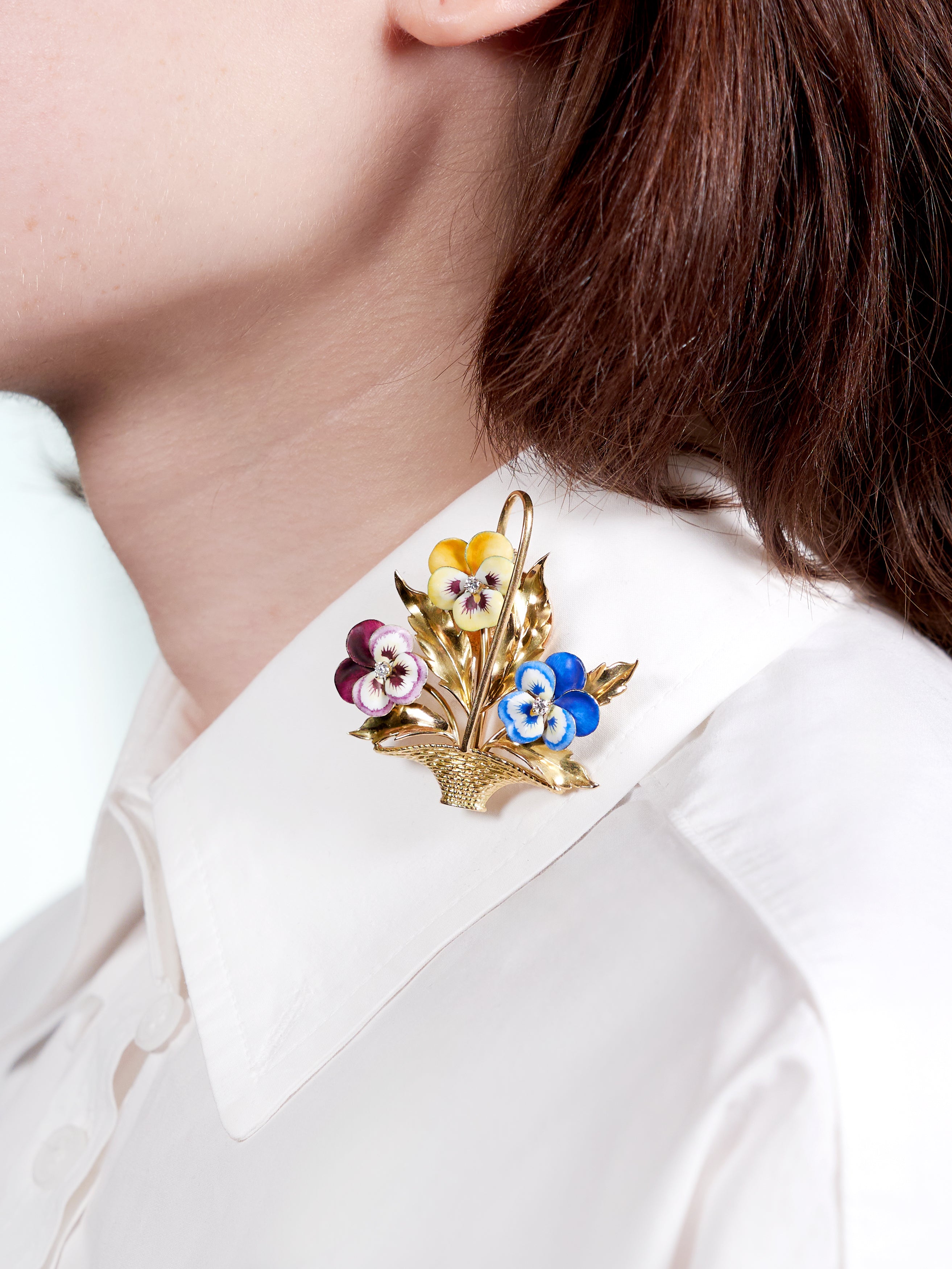 A. J. Hedges & Co. Enamel Diamond 14 Karat Yellow Gold Antique Basket Of Pansies Brooch