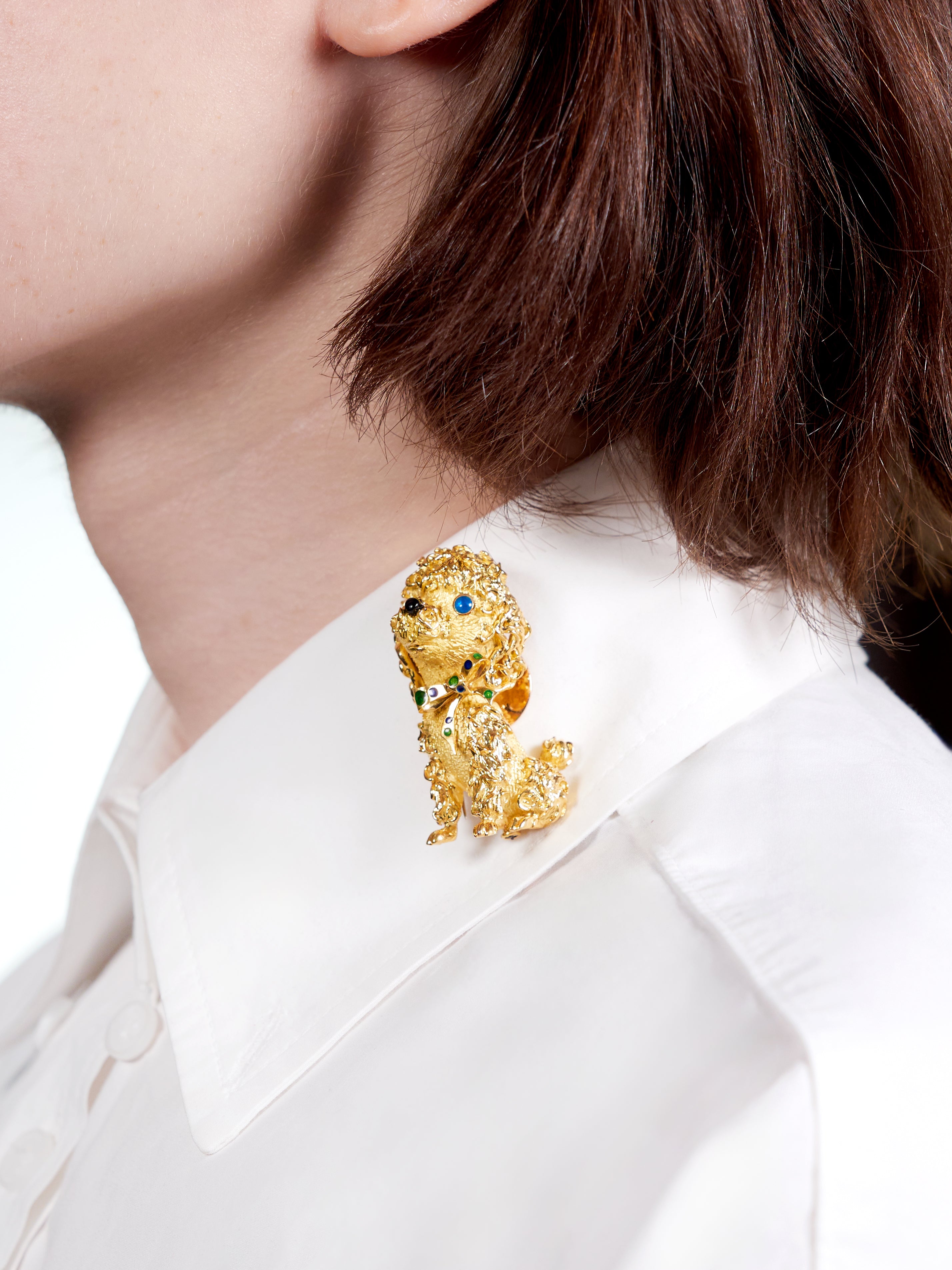 French 1960's Enamel 18 Karat Yellow Gold Vintage Poodle Dog Brooch
