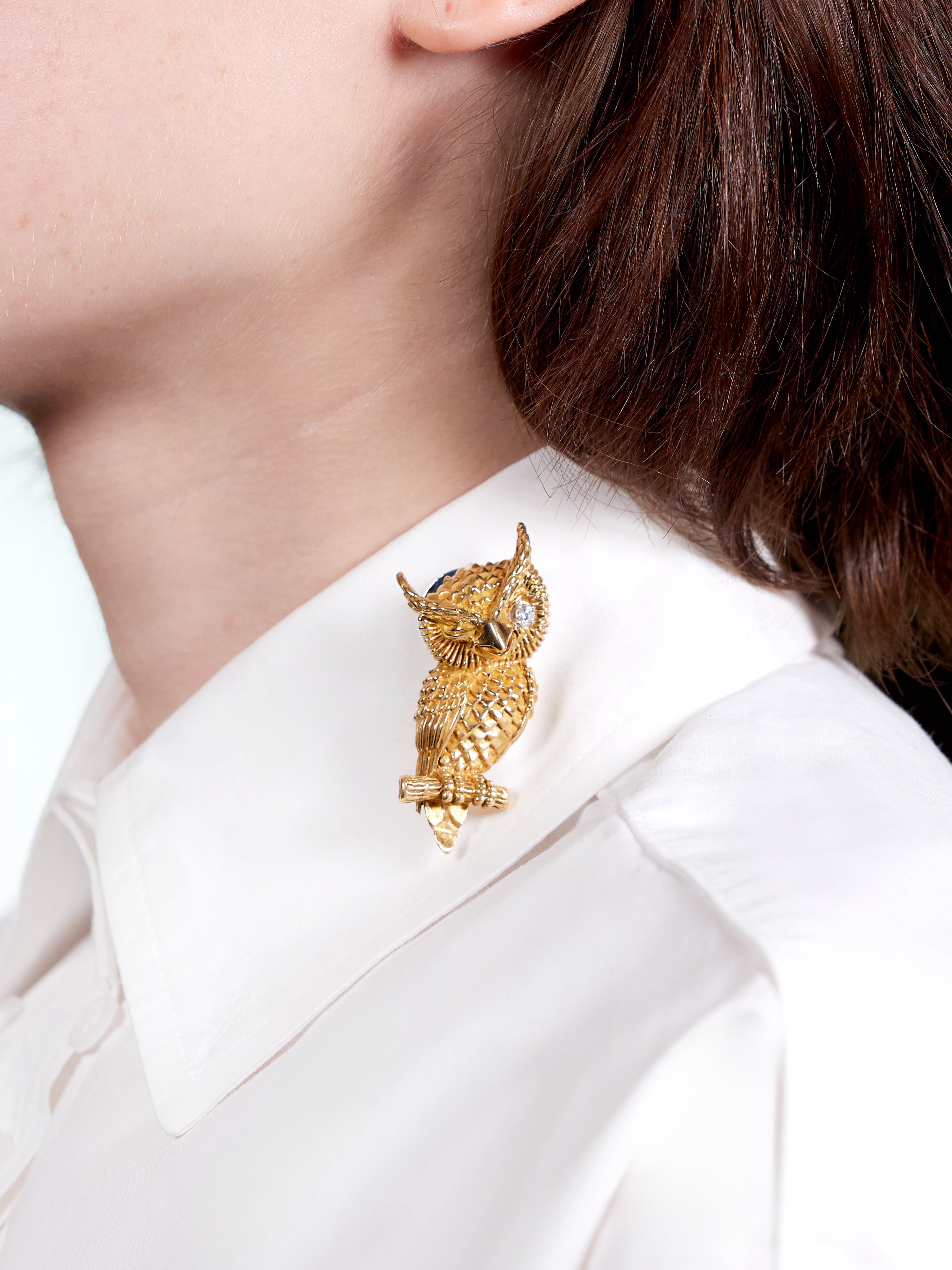 Dan Frere 1970's Diamond 14 Karat Yellow Gold Vintage Owl Bird Brooch
