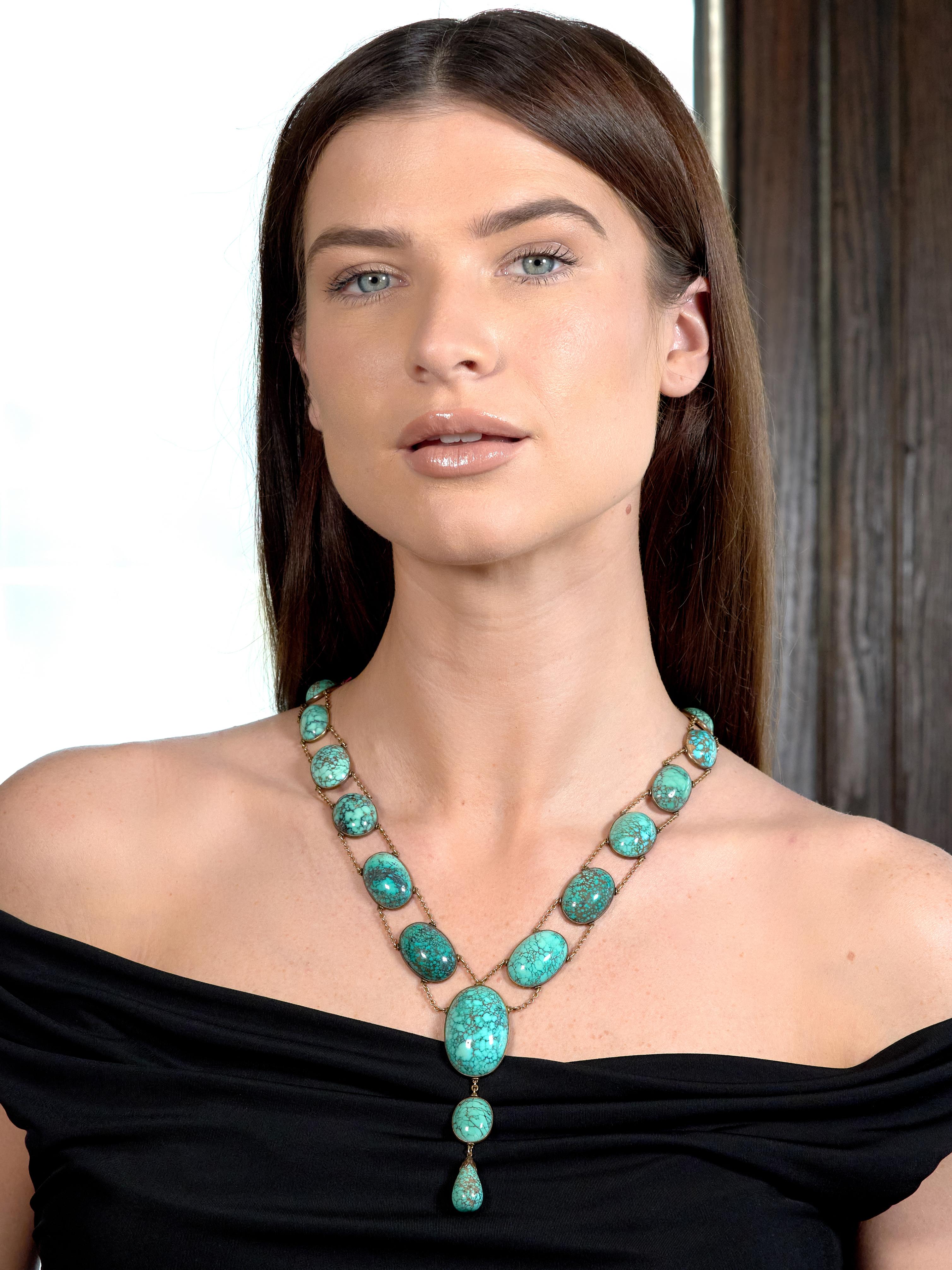 Victorian Turquoise 14K Gold Graduated Station Link Antique Drop Necklace