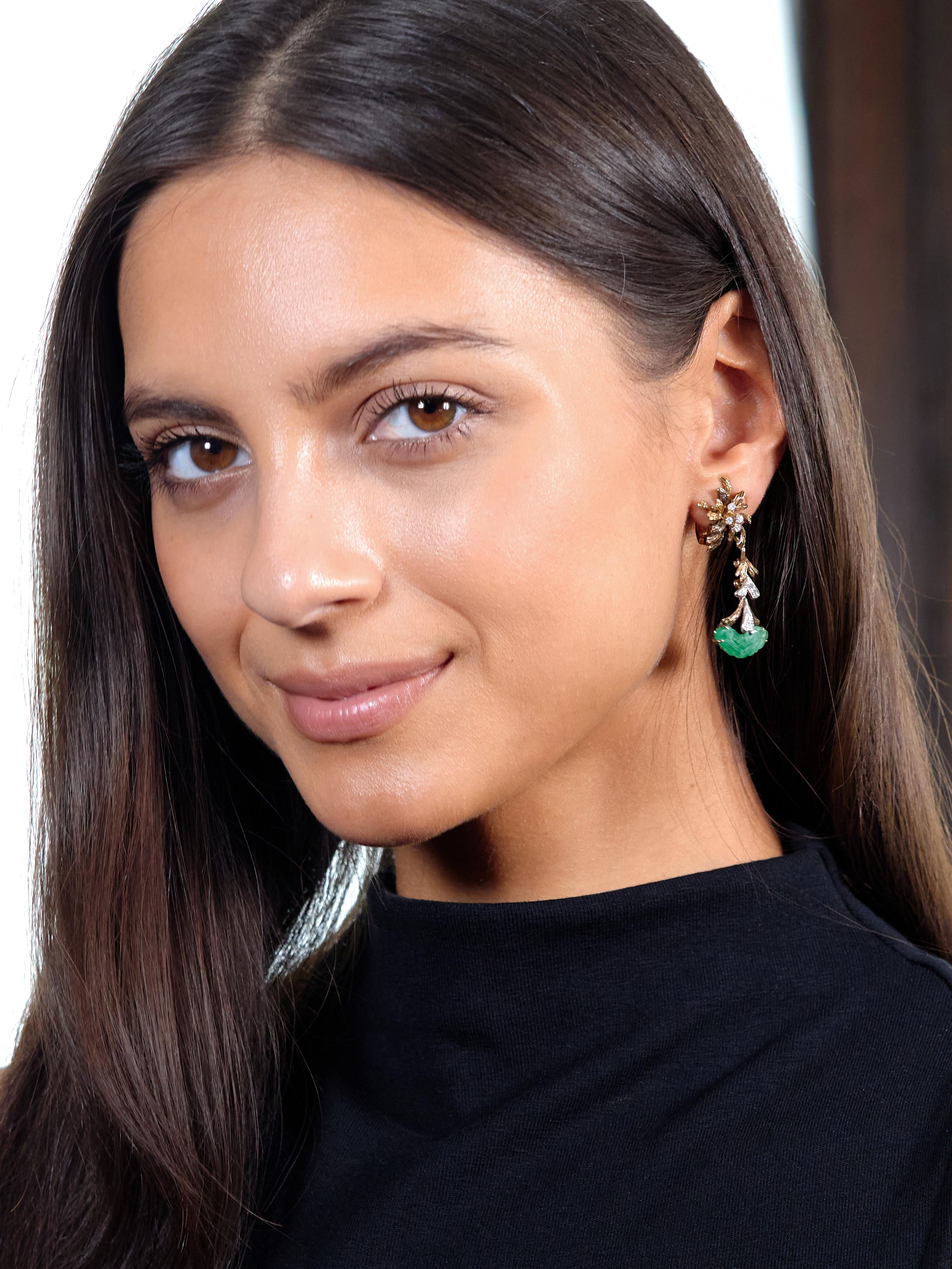 1950's Diamond Jade 14K Two-Tone Gold Vintage Burst Foliate Dop Ear-Clip Earring