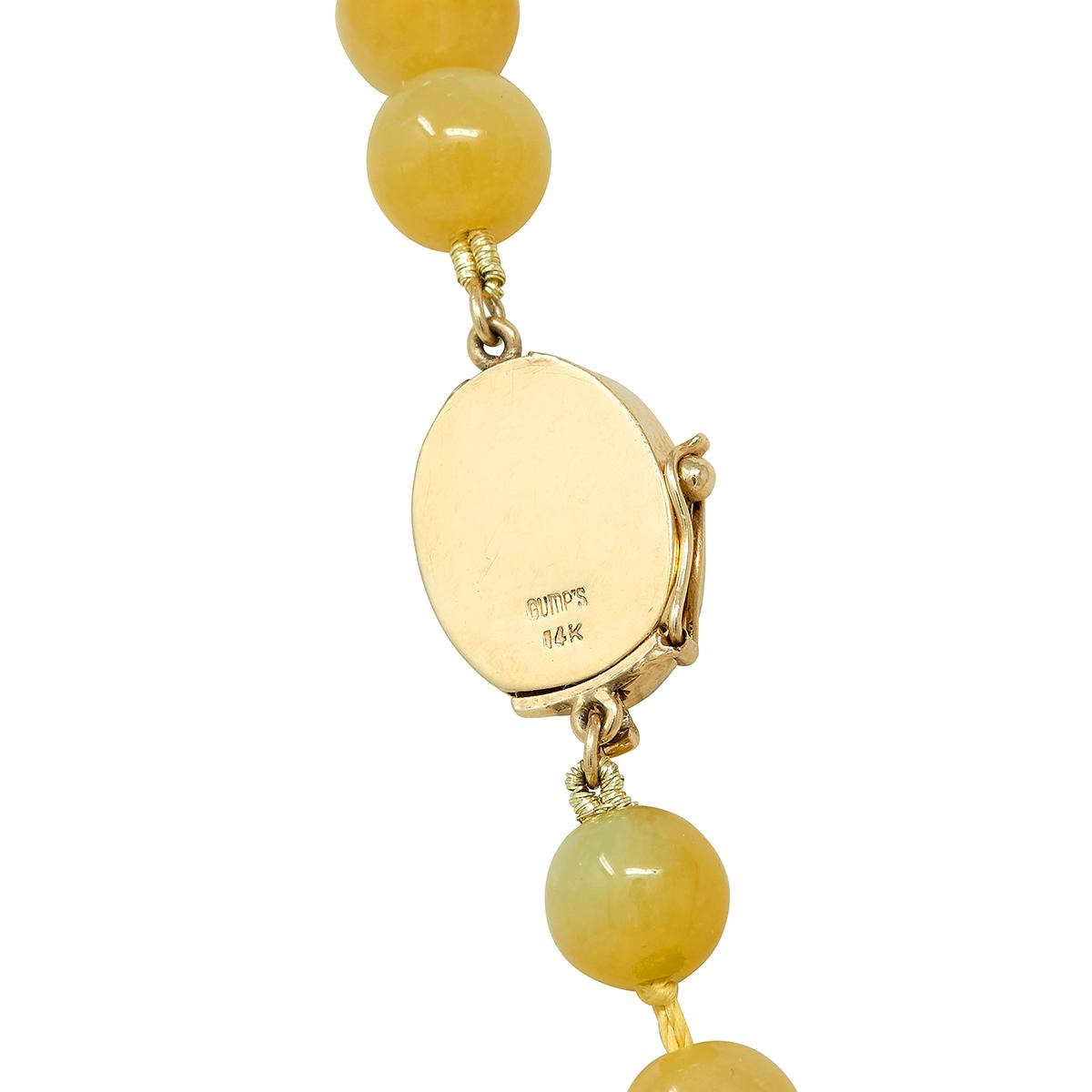 Gumps 1970's Yellow Jade 14K Yellow Gold Vintage Carved Beaded Strand Necklace