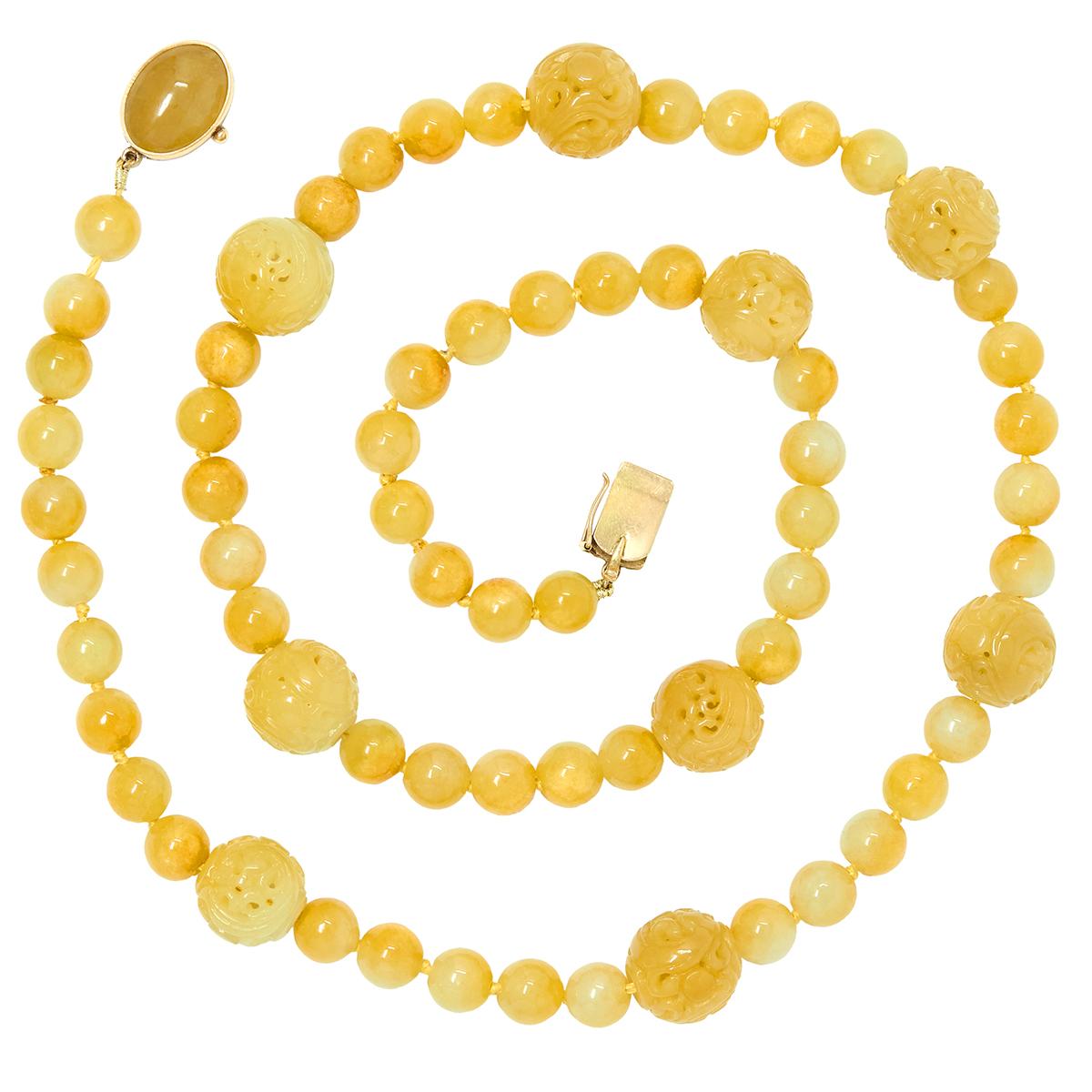 Gumps 1970's Yellow Jade 14K Yellow Gold Vintage Carved Beaded Strand Necklace