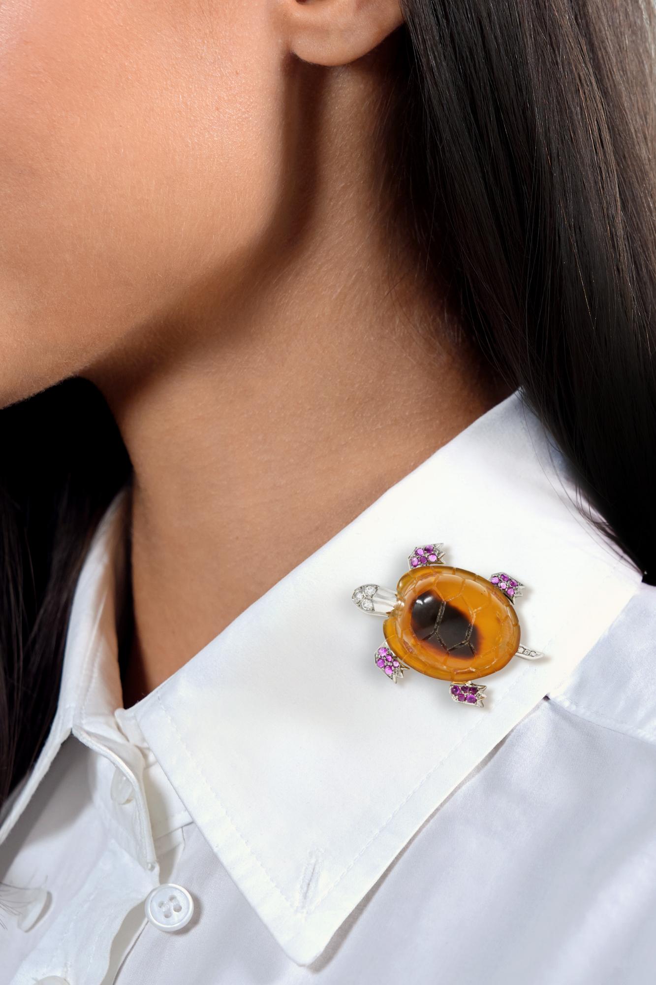 1950's Cartier Ruby Diamond Platinum 18 Karat Yellow Gold Vintage Turtle Brooch