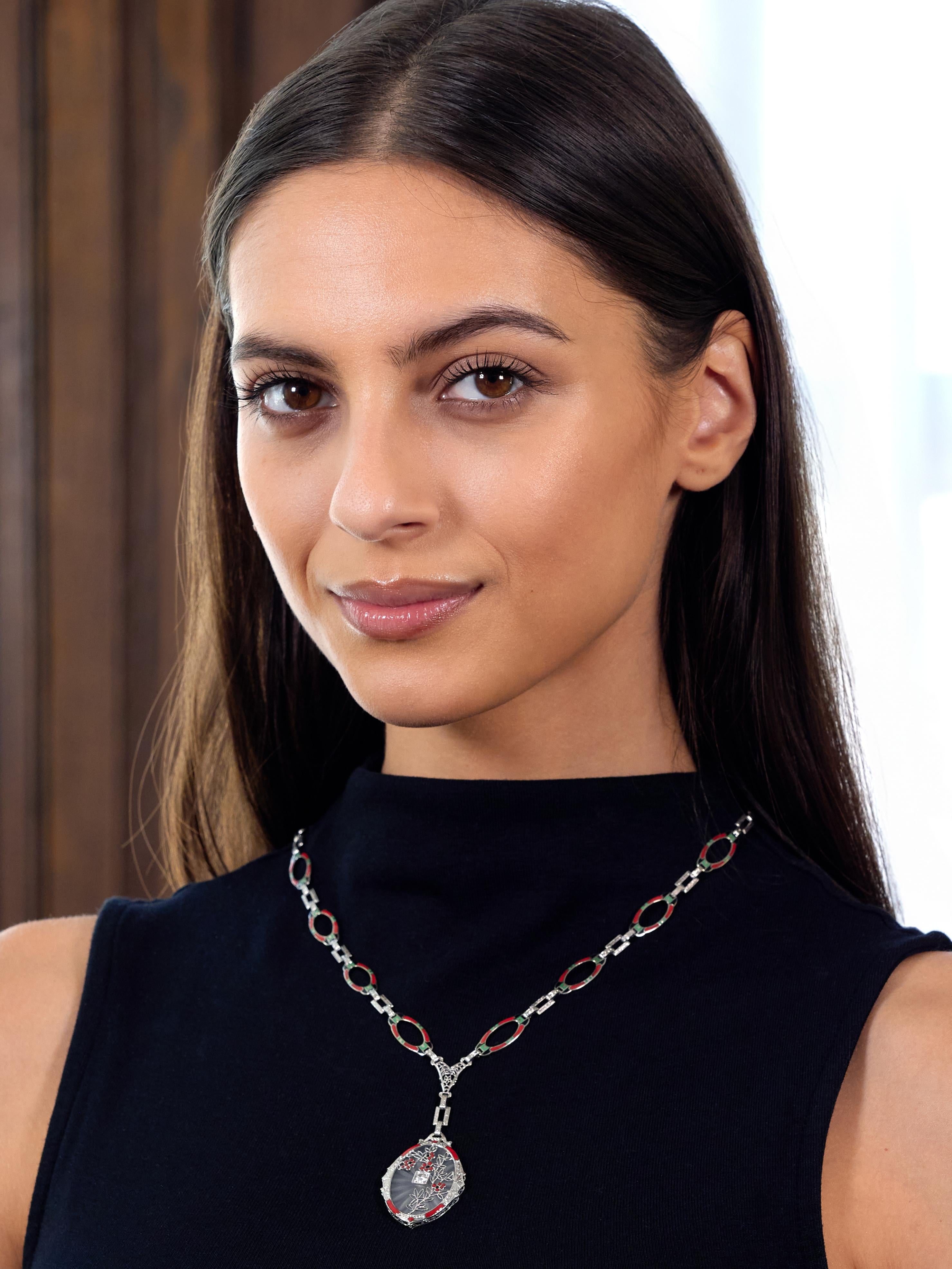 Art Deco Diamond Camphor Glass Enamel 14K Gold Antique Pendant Sartuoir Necklace