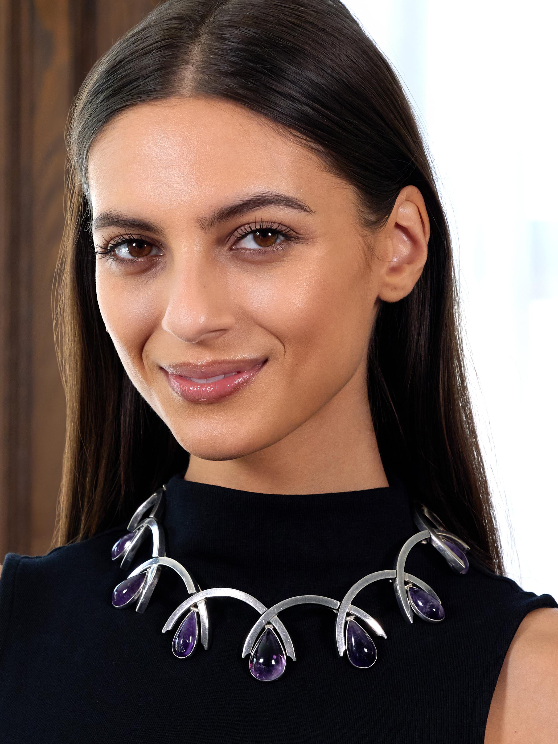 Antonio Pineda Mid-Century Modernist Amethyst Silver Vintage Fringe Necklace