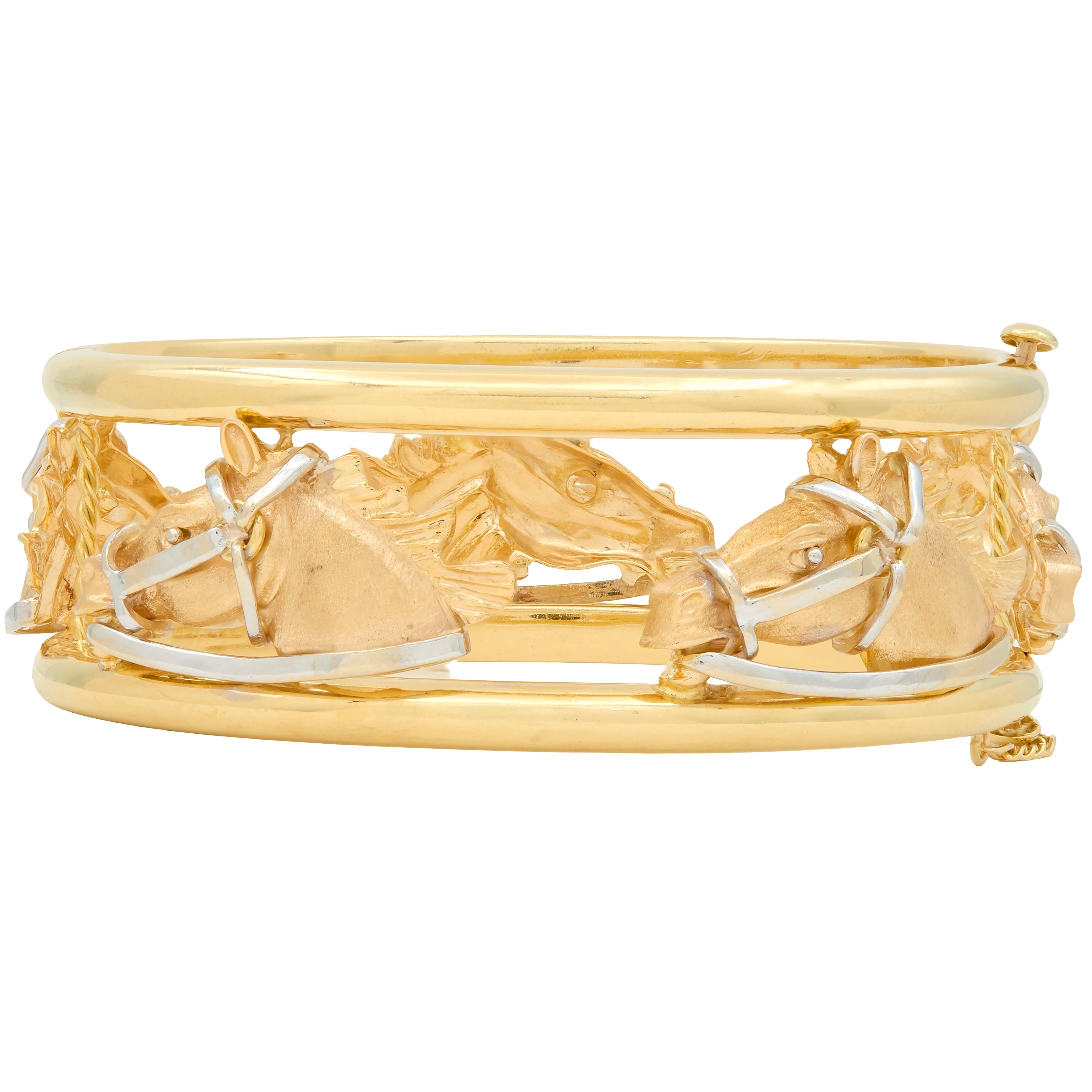 1970's 18 Karat Yellow Tri-Gold Vintage Horse Head Bangle Bracelet