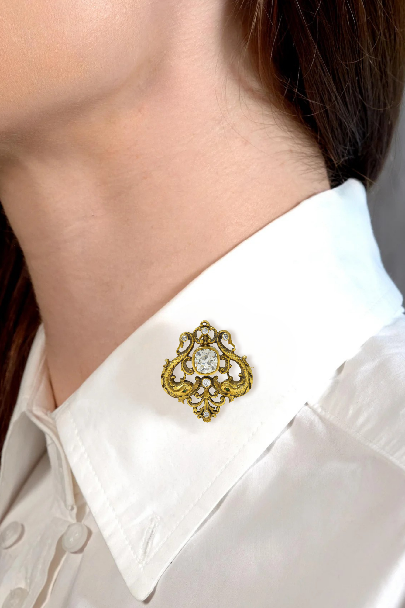 Frank Walter Lawrence Art Nouveau 3.06 CTW Diamond Demantoid Garnet 14 Karat Yellow Gold Antique Serpent Pendant Brooch
