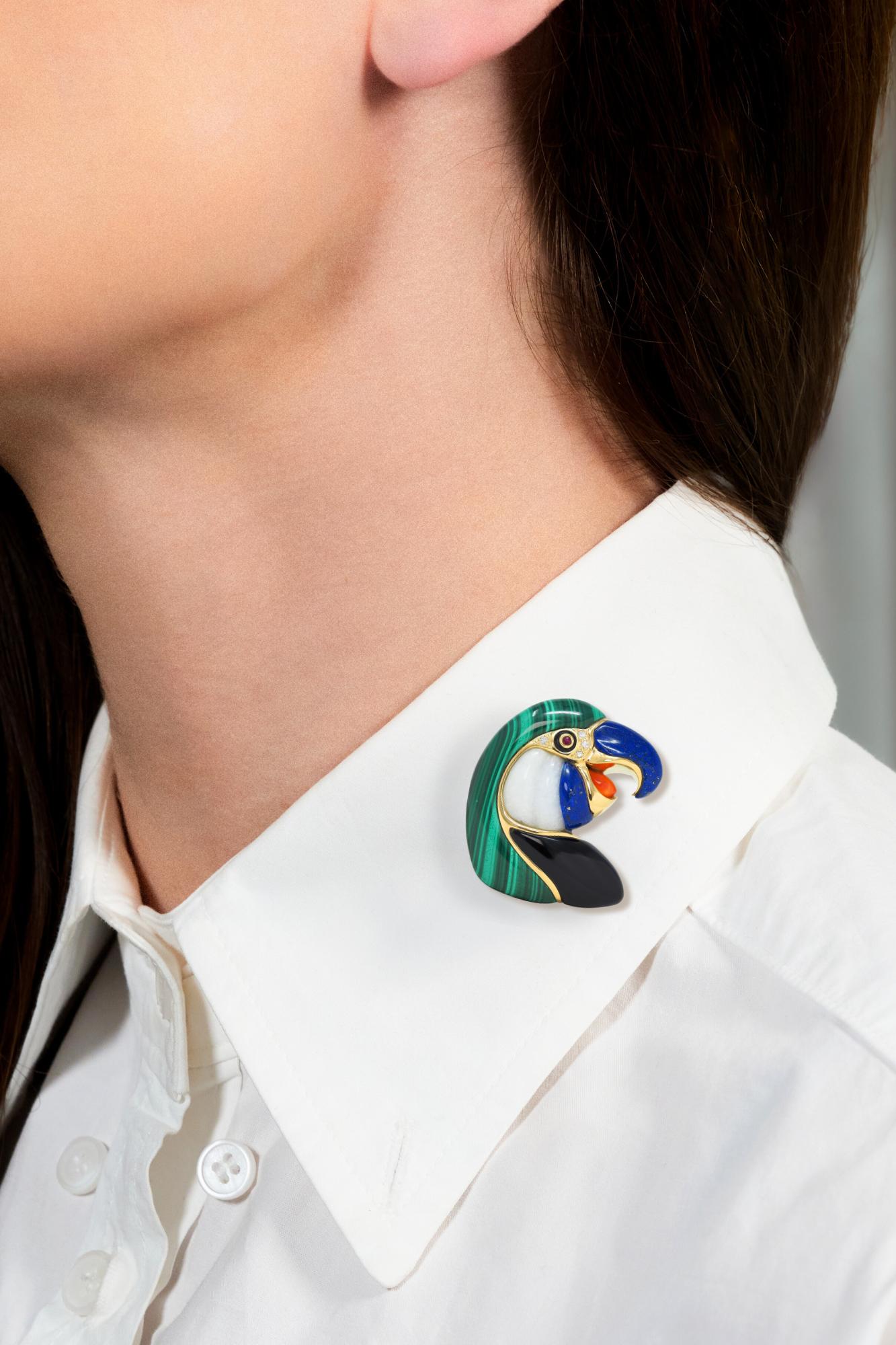 1980's Multi-Gem Diamond 18K Gold Vintage Inlay Parrot Bird Brooch