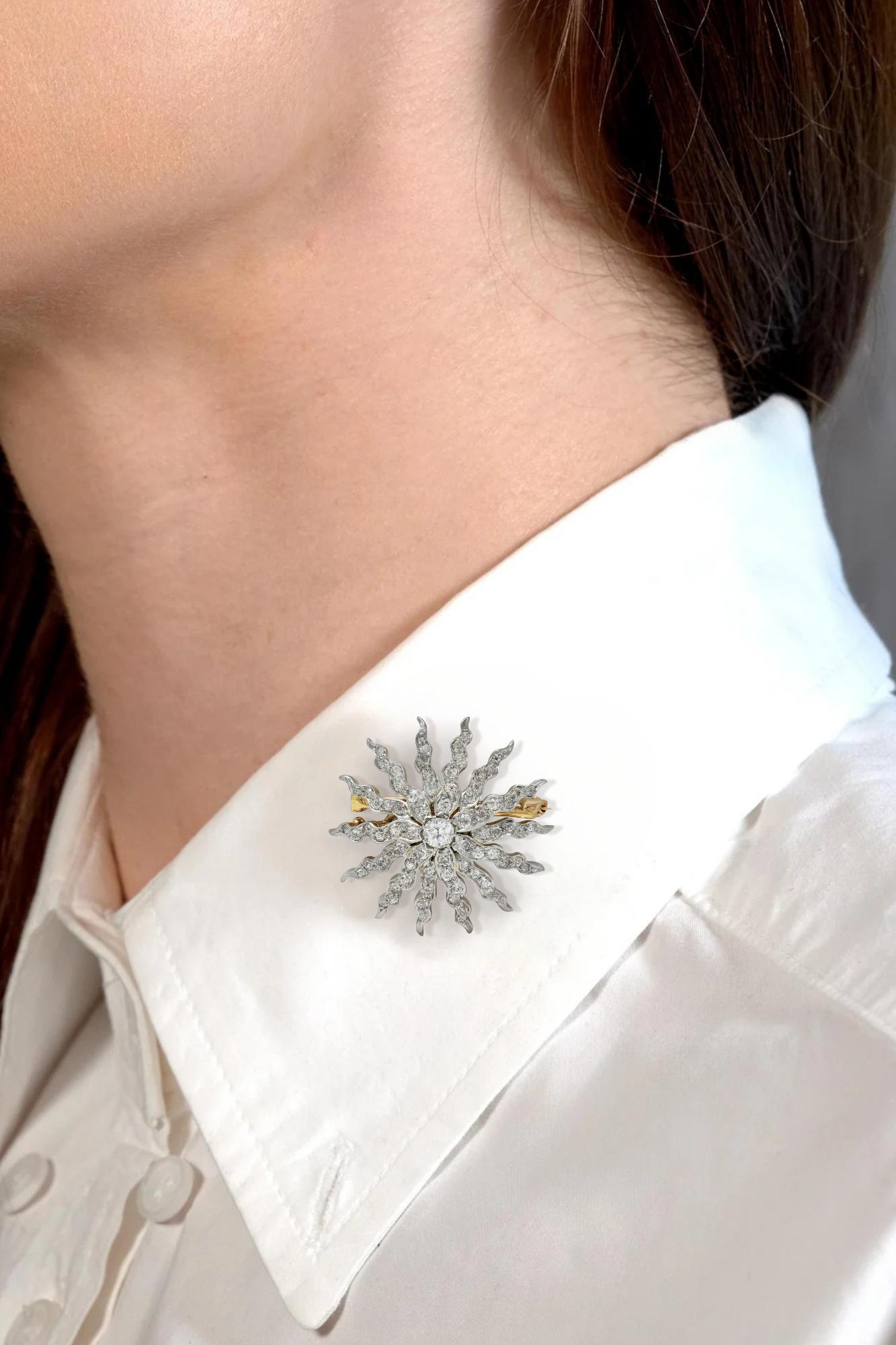 Victorian 3.62 CTW Diamond Platinum 14K Gold Antique Starburst Pendant Brooch