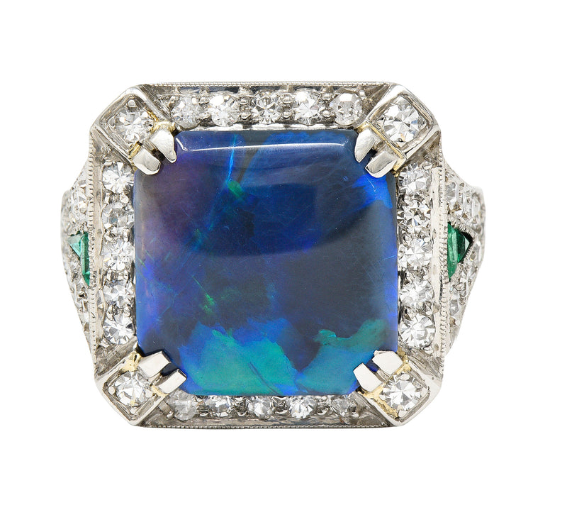 Marcus & Co. Art Deco Octagonal Black Opal Emerald Diamond Platinum Foliate Halo Vintage Ring GIA