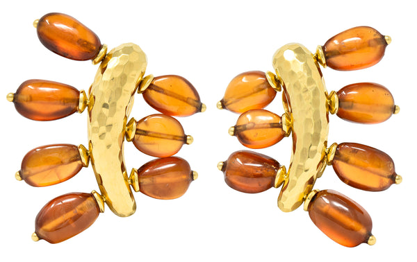 Andrew Clunn 1980's Citrine Bead 18 Karat Yellow Gold Hammered Fanning Vintage Ear-Clip Earirngs