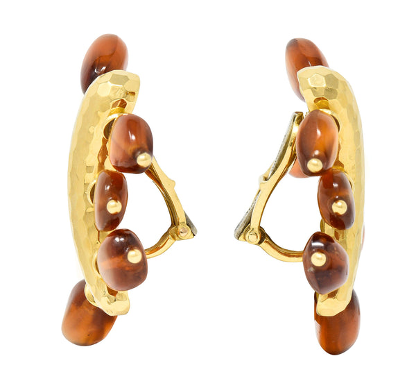 Andrew Clunn 1980's Citrine Bead 18 Karat Yellow Gold Hammered Fanning Vintage Ear-Clip Earirngs