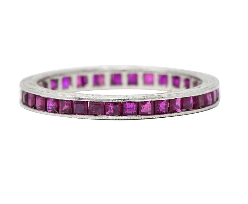 Art Deco 1.85 CTW Square Cut Ruby Platinum Scrolling Eternity Vintage Channel Band Ring Wilson's Estate Jewelry