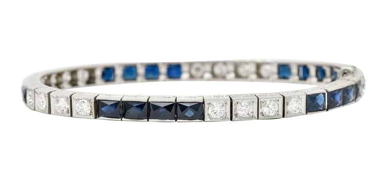 Art Deco 9.00 CTW French Cut Sapphire Diamond Platinum Vintage Channel Line Bracelet Wilson's Estate Jewelry