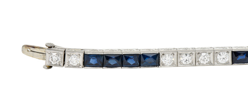 Art Deco 9.00 CTW French Cut Sapphire Diamond Platinum Vintage Channel Line Bracelet Wilson's Estate Jewelry