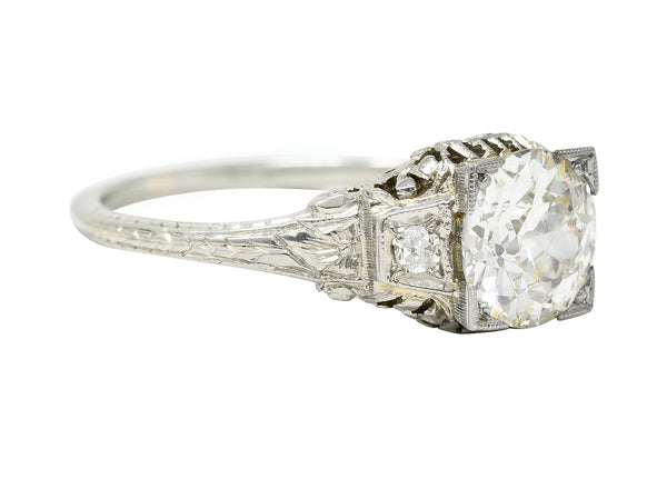 Art Deco 1.23 CTW Old European Cut Diamond 18 Karat White Gold Floral Square Form Engagement Ring GIA Wilson's Estate Jewelry