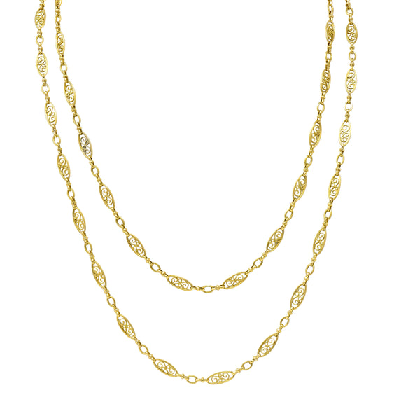 Victorian French 18 Karat Yellow Gold Scrolling Navette Link 40 IN Long Antique Chain Necklace Wilson's Estate Jewelry
