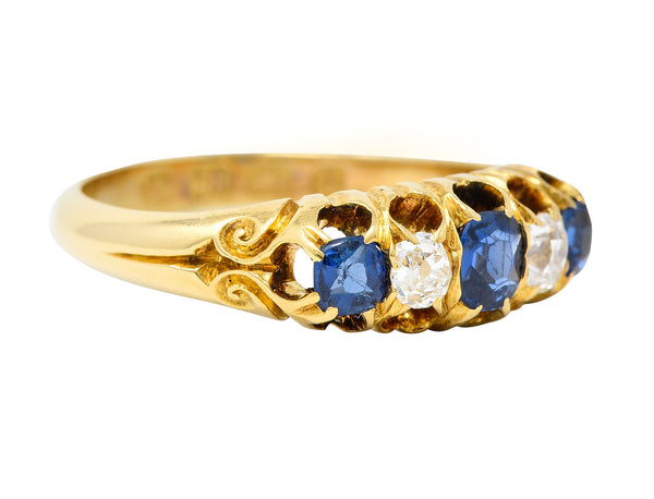 1835 Victorian 1.02 CTW Old Mine Cut Diamond Sapphire 18 Karat Yellow Gold Scrolling Belcher Set Antique Band Ring Wilson's Estate Jewelry